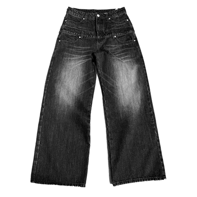 双腰头刺绣baggy黑灰街头牛仔裤