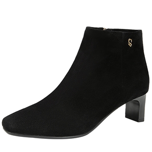 千百度细高跟绒面羊皮靴女2025冬季新款短筒时装靴保暖通勤短靴