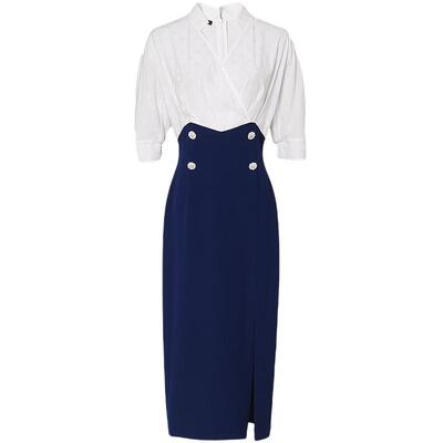 夏季女装2025新款气质撞色灯笼袖修身收腰显瘦开衩连衣裙长裙