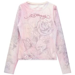 Ed Hardy埃德哈迪春季流行粉色数码印烫钻新款女士长袖T恤