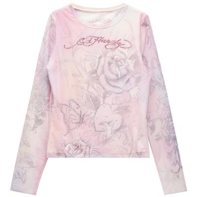 Ed Hardy埃德哈迪春季流行粉色数码印烫钻新款女士长袖T恤