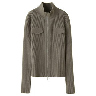 思诺芙德羊毛开衫女25秋季新款立领抽条修身毛衣帅气双拉锁针织衫