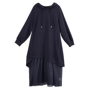 Distin Kidny/迪凯黑色连帽网纱拼接女中长款显瘦假两件卫衣裙