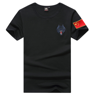 夏季军迷服饰刺绣中国旗男纯棉短袖紧身圆领半袖修身狼头作训t恤