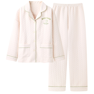 秋冬三层空气棉睡衣女加厚100纯棉家居服夹棉套装可外穿开衫上衣