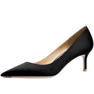 高跟鞋女2025年春秋新款黑色职业细跟绸缎尖头真丝工作单鞋不磨脚