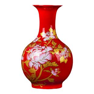 景德镇陶瓷花开富贵红色花瓶小瓷瓶摆件结婚客厅高级招财一对高端