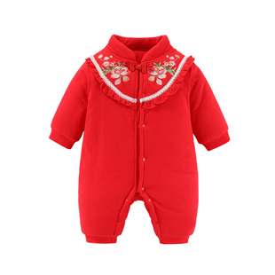 新生婴儿夹棉连体衣拜年服女宝宝百天过年满月服冬季加厚外出哈衣