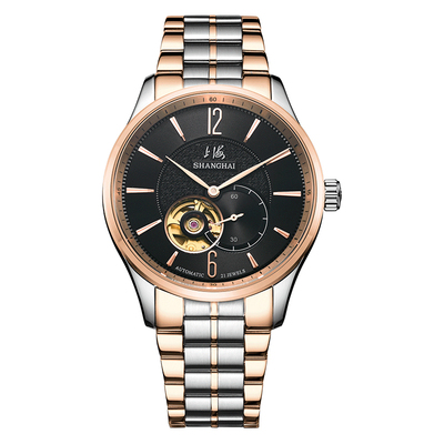 上海牌正品男表钢带商务镂空透底
