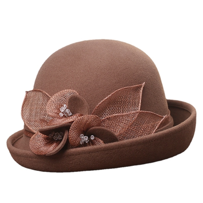 高端麻纱花朵羊毛呢卷边盆帽