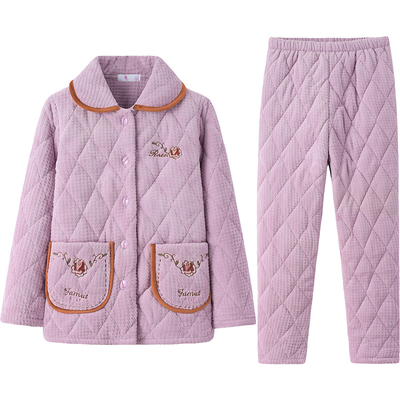 睡衣女秋冬季三层加厚珊瑚绒夹棉