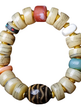 藏炸纹牦牛骨手串双虎牙天珠男女