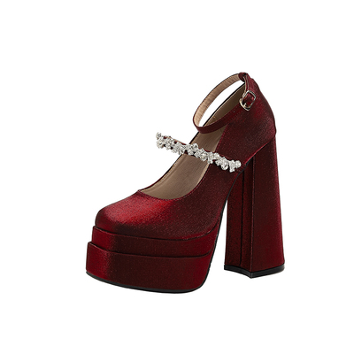 15CM增高防水台水钻超高跟鞋粗跟绝美缎面酒红色秀禾新娘婚鞋厚底