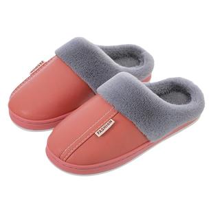 防水PU皮棉拖鞋女秋冬季家居用家用保暖男士棉鞋厚底包跟室内情侣