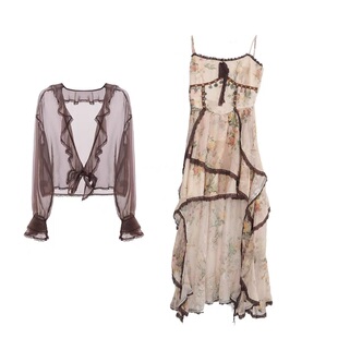 大码胖mm甜美复古不规则荷叶边吊带连衣裙开衫女春夏显瘦两件套装