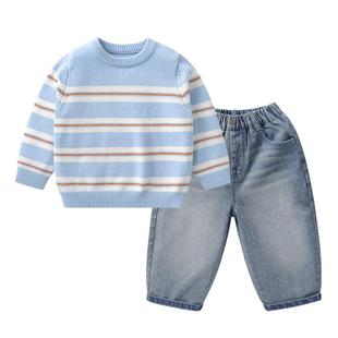 右欧男童女童加绒连帽外套牛仔裤两件套儿童户外套装冬季新款童装