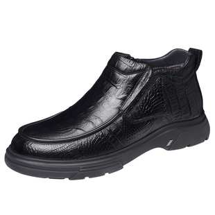 老人头棉鞋男鳄鱼纹皮鞋羊毛保暖冬季时尚高帮鞋加绒真皮商务男鞋