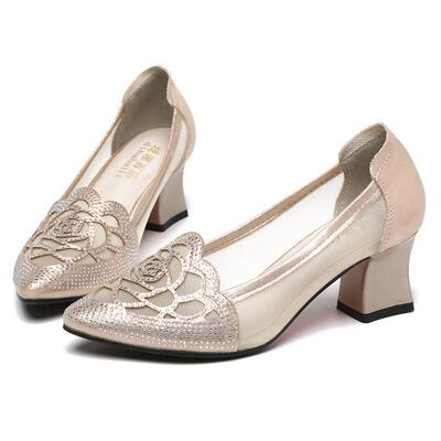 真皮女鞋中跟凉鞋春秋镂空单鞋女