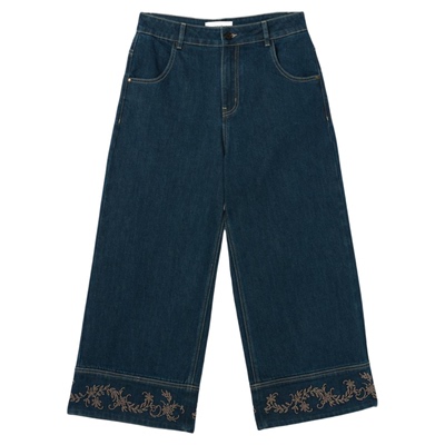 松弛感撞色绣花直筒九分牛仔裤