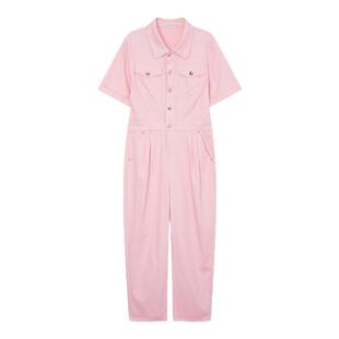 飘蕾粉色工装牛仔连体裤夏季新款可盐可甜高腰显瘦连衣阔腿裤