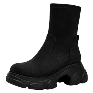 百田森秋季新款弹力袜靴女款复古美拉德厚底运动靴子弹力瘦腿靴子