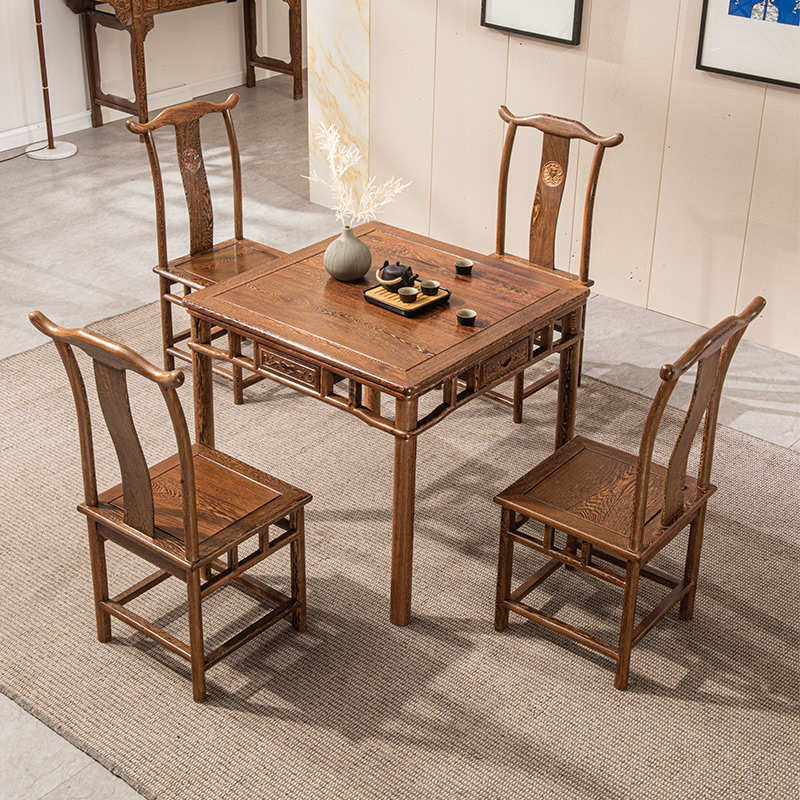 红木家具鸡翅木小方桌实木餐桌椅新中式茶桌原木雕花棋牌桌五件套