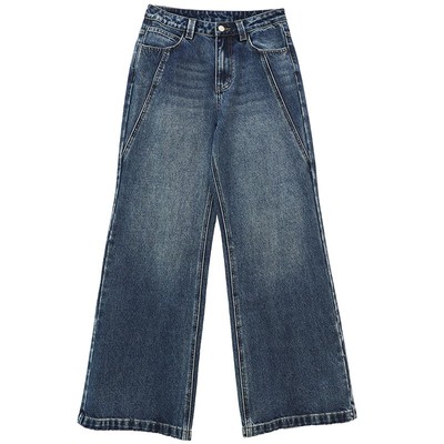 直腿水洗压线弹力显瘦微喇牛仔裤