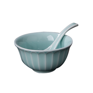 中式釉下彩青瓷酒店摆台餐具高端商用会所碗碟勺子杯三四件套装