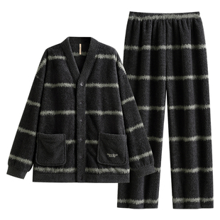 家乐芬睡衣男士秋冬款冬季半边绒加绒加厚珊瑚绒家居服套装高级感