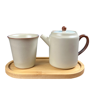 米黄汝窑一壶一杯一托盘办公室一人饮工位养生简约直口陶瓷小茶具
