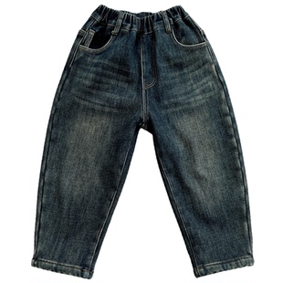柔软有型~男童一体绒皮标牛仔裤冬季新款儿童加绒加厚裤子潮