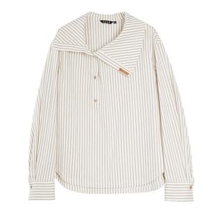 ELLE咖色条纹肌理感不规则翻领衬衫女2025秋季新款设计感小众衬衣