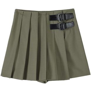 智性通勤/MSLAN26春高智感压褶短裤半身裙 绵羊毛混纺灰色裤裙