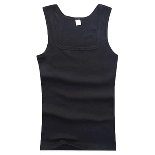 夏季美式方领宽口背心男式纯棉粗螺纹军绿色健身运动透气喜欢无袖