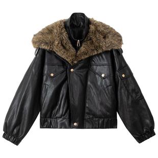 KEIKO 可卸环保雪狼狐毛领黑色皮衣棉服女秋冬机车风短款夹棉外套
