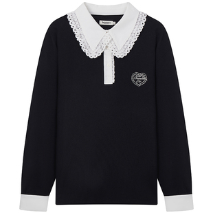 TEENIEWEENIE bearnova26春季新款女装polo领优雅蕾丝边长袖T恤