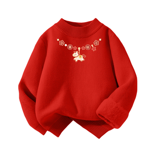 拉夏贝尔女童加绒毛衣2026新款马年本命年上衣儿童红色一体绒衣服
