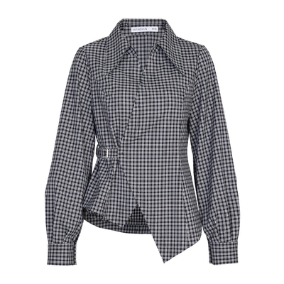 婉甸黑白格纹长袖衬衫不规则设计