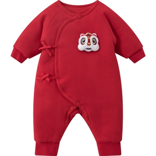 aqpa新生儿婴儿衣服夹棉棉服秋冬保暖新年红色满月百天周岁连体衣