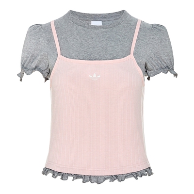 adidas阿迪达斯三叶草泡泡袖假两件上衣女正肩短款短袖T恤 LI5118