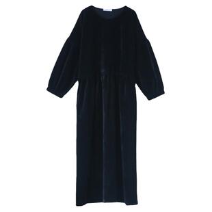 质感！原创文艺纯棉灯芯绒宽松黑色显瘦袍子连衣裙早秋款泡泡袖裙