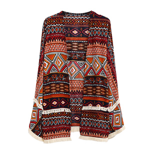 Findit欧美波希米亚风新款防嗮开衫披肩 印花沙滩女上衣流苏外套