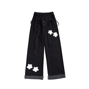 自然涩黑色阔腿运动长裤女秋冬季垂感高级感宽松显瘦直筒裤子春