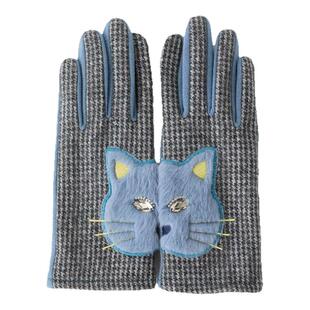 casselini日式含羊毛针织户外防风防寒保暖骑行猫咪连指刺绣手套