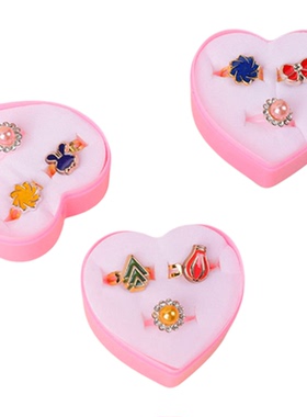 儿童戒指套装塑料女童精美指环可调节爱心盒套3枚装爱心盒戒指