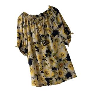 时尚度假风上衣新中式夏季显瘦一字肩复古碎花宽松民族风短袖衬衫