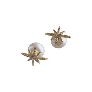 金色六芒星耳钉女纯银针珍珠耳环高级感轻奢小众设计2025新款耳饰