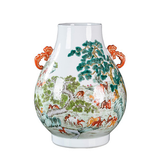 景德镇陶瓷器花瓶仿古双耳百鹿尊福筒瓶手绘中式客厅玄关装饰摆件