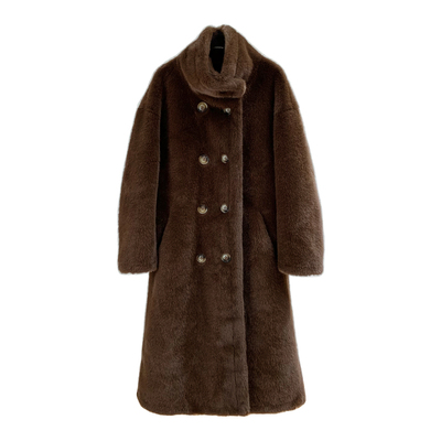 一件过冬水貂毛外套女皮毛一体过膝长款立领双排扣仿皮草毛毛大衣