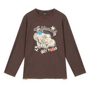 妖精的口袋复古印花长袖t恤女2025年秋冬新款宽松内搭休闲上衣